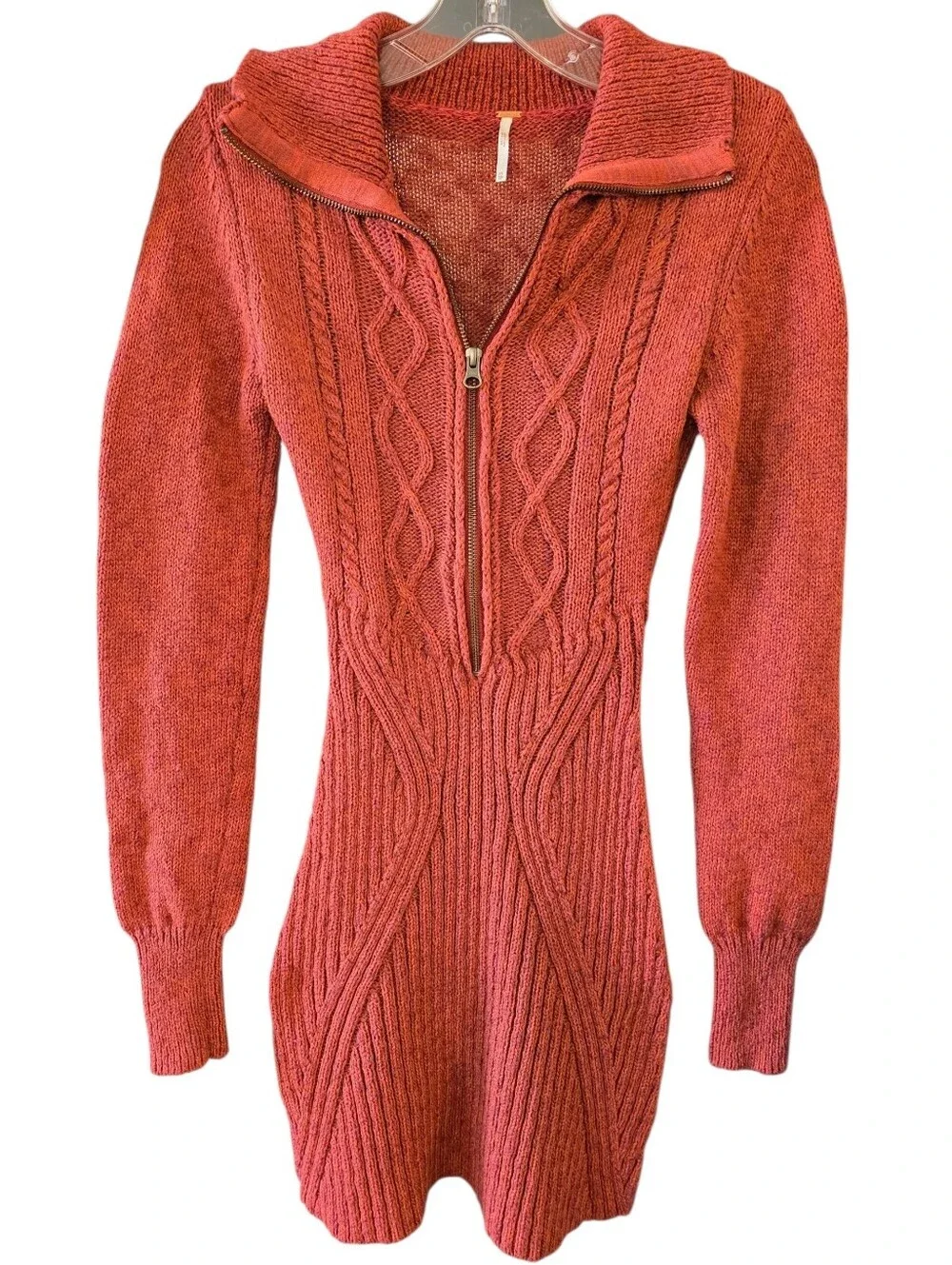 Free People Mont Blanc Mini Dress In Red/Orange Knit w/Front Zip Collar Size XS
